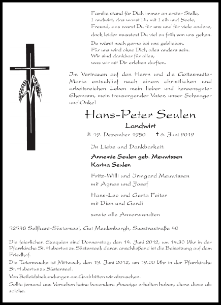  Traueranzeige für Hans-Peter Seulen vom 09.06.2012 aus Aachener Zeitung / Aachener Nachrichten