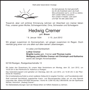 Traueranzeige von Hedwig Cremer von Aachener Zeitung / Aachener Nachrichten