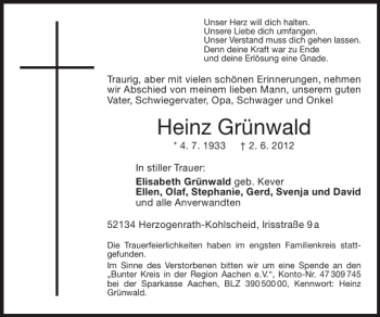 Traueranzeige von Heinz Grünwald von Super Sonntag / Super Mittwoch