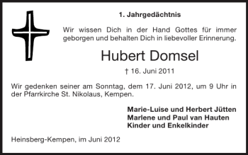 Traueranzeige von Hubert Domsel von Super Sonntag / Super Mittwoch