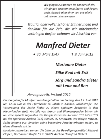 Traueranzeige von Manfred Dieter von Aachener Zeitung / Aachener Nachrichten