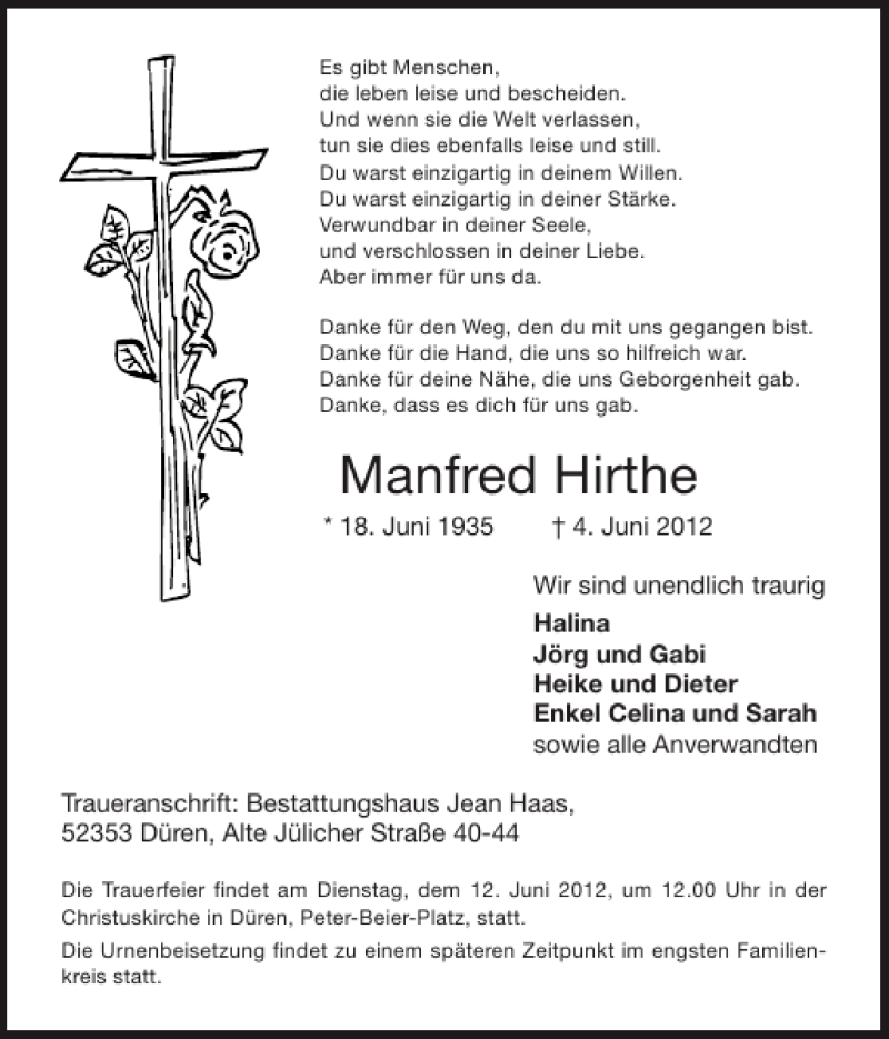  Traueranzeige für Manfred Hirthe vom 10.06.2012 aus Super Sonntag / Super Mittwoch