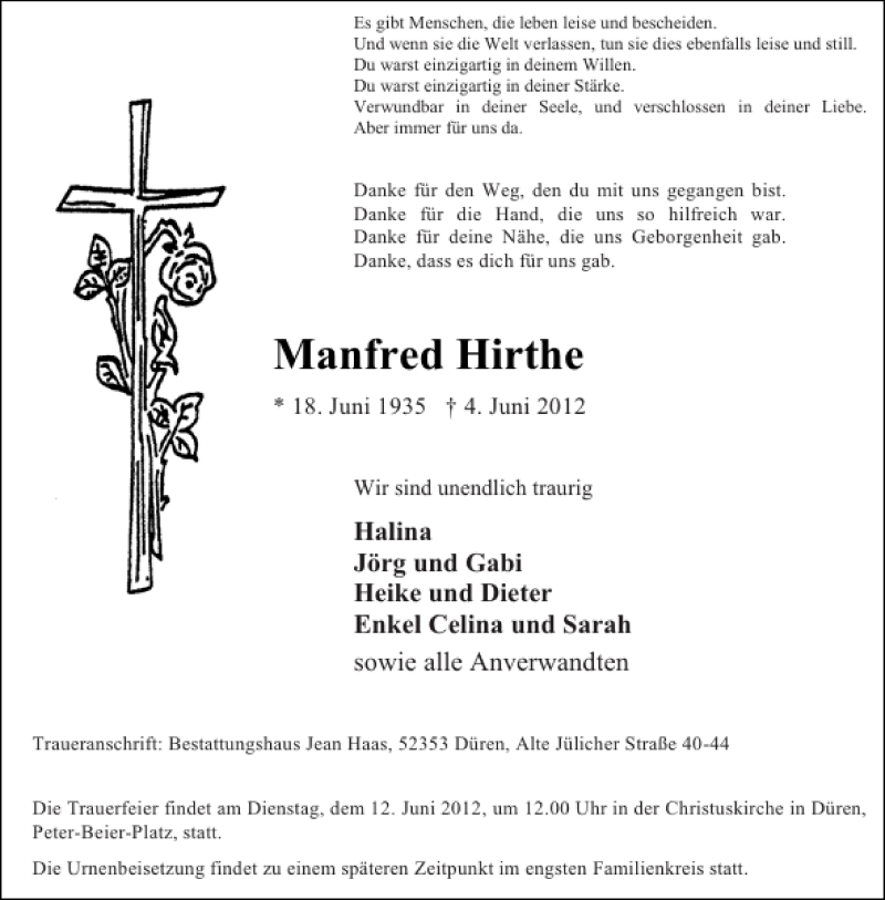  Traueranzeige für Manfred Hirthe vom 09.06.2012 aus Aachener Zeitung / Aachener Nachrichten