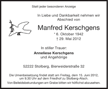 Traueranzeige von Manfred Kerschgens von Aachener Zeitung / Aachener Nachrichten