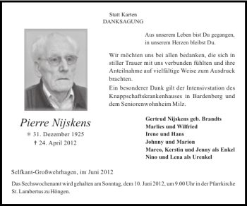 Traueranzeige von Pierre Nijskens von Super Sonntag / Super Mittwoch