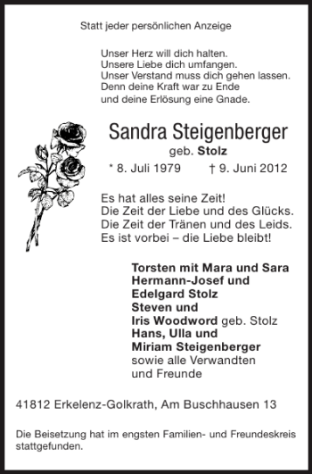 Traueranzeige von Sandra Steigenberger von Super Sonntag / Super Mittwoch