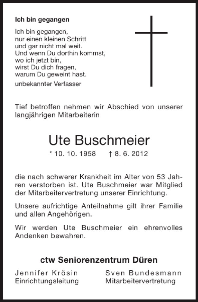  Traueranzeige für Ute Buschmeier vom 17.06.2012 aus Super Sonntag / Super Mittwoch