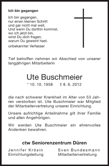 Traueranzeige von Ute Buschmeier von Super Sonntag / Super Mittwoch