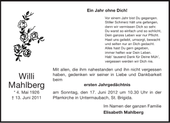 Traueranzeige von Willi Mahlberg von Aachener Zeitung / Aachener Nachrichten