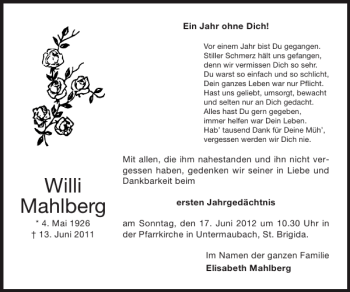 Traueranzeige von Willi Mahlberg von Super Sonntag / Super Mittwoch