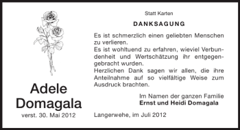 Traueranzeige von Adele Domagala von Super Sonntag / Super Mittwoch