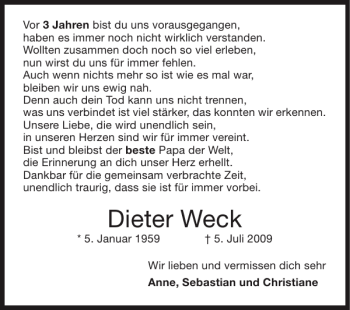 Traueranzeige von Dieter Weck von Super Sonntag / Super Mittwoch