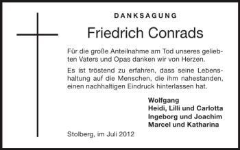 Traueranzeige von Friedrich Conrads von Super Sonntag / Super Mittwoch