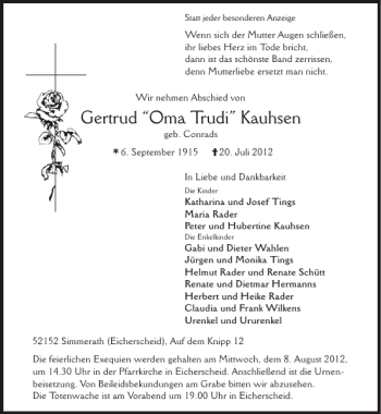 Traueranzeige von Gertrud Oma Trudi Kauhsen von Super Sonntag / Super Mittwoch