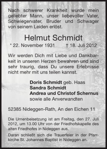 Traueranzeige von Helmut Schmidt von Super Sonntag / Super Mittwoch
