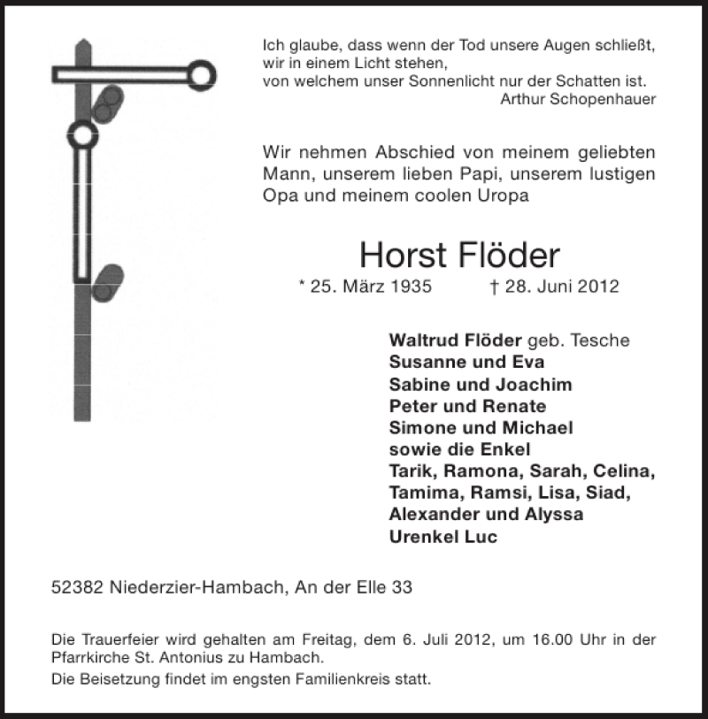  Traueranzeige für Horst Flöder vom 04.07.2012 aus Aachener Zeitung / Aachener Nachrichten