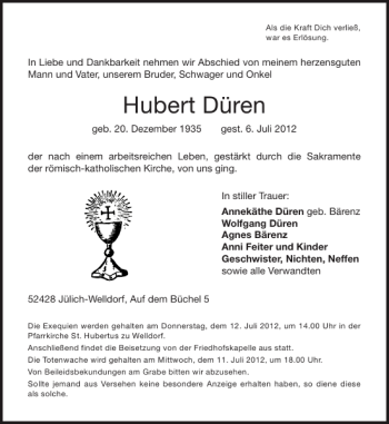 Traueranzeige von Hubert Düren von Aachener Zeitung / Aachener Nachrichten