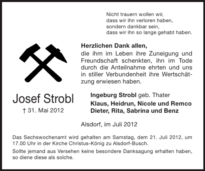 Traueranzeigen von Josef Strobl Aachen gedenkt