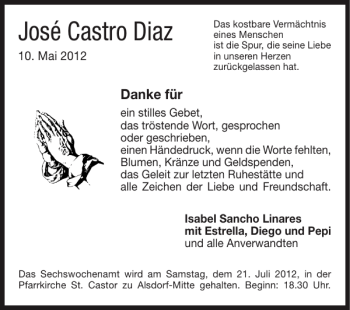 Traueranzeige von José Castro Diaz von Super Sonntag / Super Mittwoch