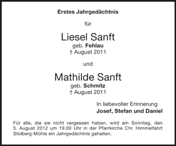 Traueranzeige von Liesel Sanft Mathilde Sanft von Super Sonntag / Super Mittwoch