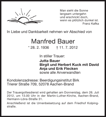 Traueranzeige von Manfred Bauer von Aachener Zeitung / Aachener Nachrichten