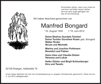 Traueranzeige von Manfred Bongard von Super Sonntag / Super Mittwoch
