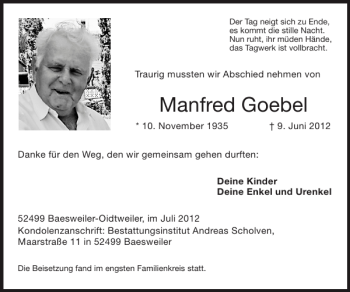 Traueranzeige von Manfred Goebel von Super Sonntag / Super Mittwoch