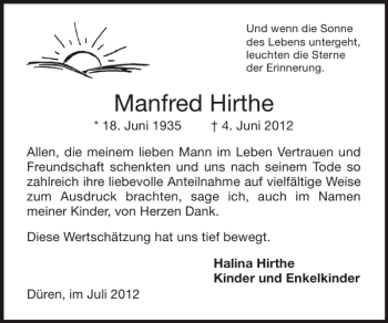 Traueranzeige von Manfred Hirthe von Super Sonntag / Super Mittwoch