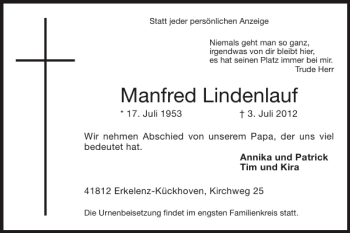 Traueranzeige von Manfred Lindenlauf von Super Sonntag / Super Mittwoch