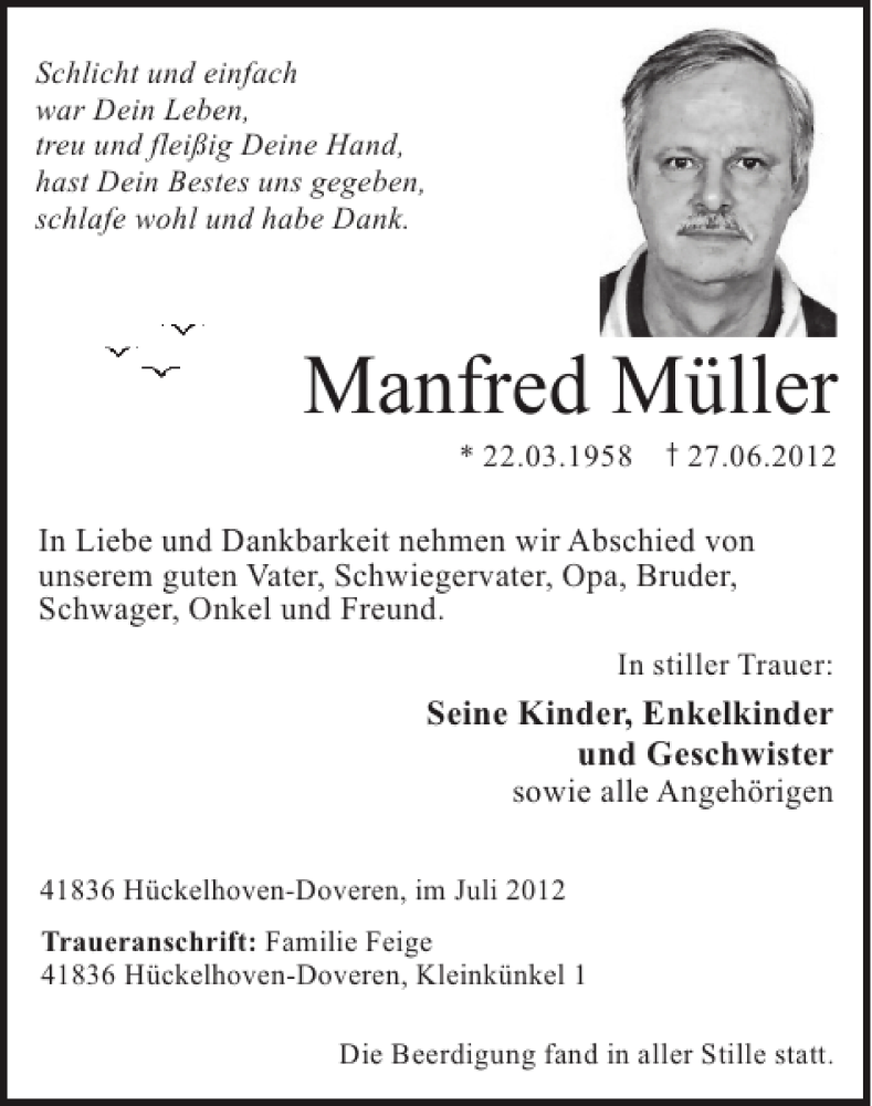  Traueranzeige für Manfred Müller vom 08.07.2012 aus Super Sonntag / Super Mittwoch