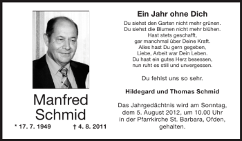 Traueranzeige von Manfred Schmid von Super Sonntag / Super Mittwoch