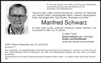 Traueranzeige von Manfred Schwarz von Super Sonntag / Super Mittwoch