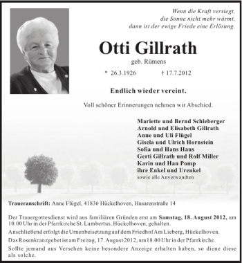 Traueranzeige von Otti Gillrath von Super Sonntag / Super Mittwoch