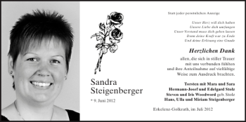 Traueranzeige von Sandra Steigenberger von Super Sonntag / Super Mittwoch