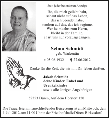 Traueranzeige von Selma Schmidt von Super Sonntag / Super Mittwoch