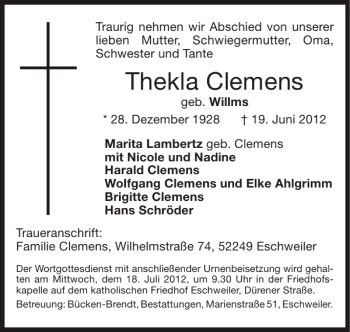 Traueranzeige von Thekla Clemens von Super Sonntag / Super Mittwoch