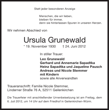 Traueranzeige von Ursula Grunewald von Super Sonntag / Super Mittwoch