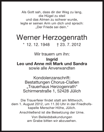 Traueranzeige von Werner Herzogenrath von Super Sonntag / Super Mittwoch