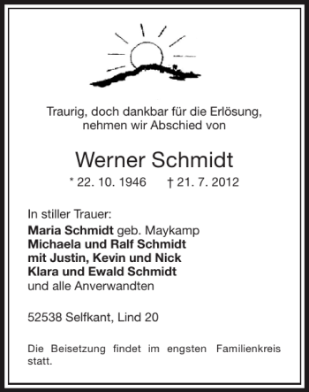 Traueranzeige von Werner Schmidt von Super Sonntag / Super Mittwoch