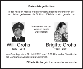 Traueranzeige von Willi Grohs Brigitte Grohs von Super Sonntag / Super Mittwoch
