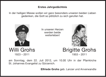 Traueranzeige von Willi Grohs Brigitte Grohs von Aachener Zeitung / Aachener Nachrichten