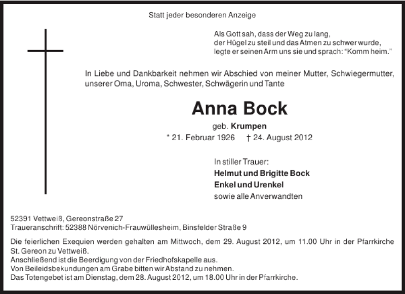 Traueranzeigen von Anna Bock | Aachen gedenkt