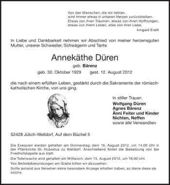 Traueranzeige von Annekäthe Düren von Aachener Zeitung / Aachener Nachrichten