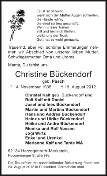Traueranzeige von Christine Bückendorf von Super Sonntag / Super Mittwoch