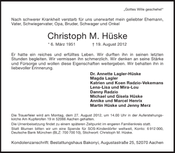Traueranzeige von Christoph M. Hüske von Aachener Zeitung / Aachener Nachrichten