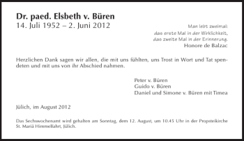 Traueranzeige von Dr. paed. Elsbeth v. Büren von Aachener Zeitung / Aachener Nachrichten