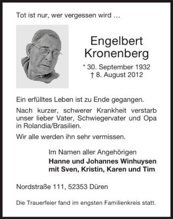 Traueranzeige von Engelbert Kronenberg von Super Sonntag / Super Mittwoch