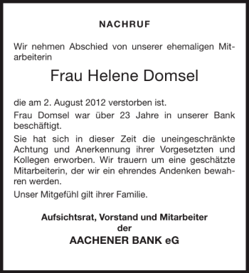Traueranzeige von Frau Helene Domsel von Aachener Zeitung / Aachener Nachrichten