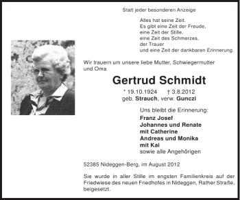 Traueranzeige von Gertrud Schmidt von Super Sonntag / Super Mittwoch