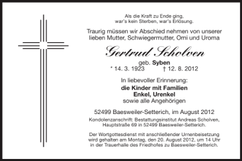 Traueranzeige von Gertrud Scholven von Super Sonntag / Super Mittwoch